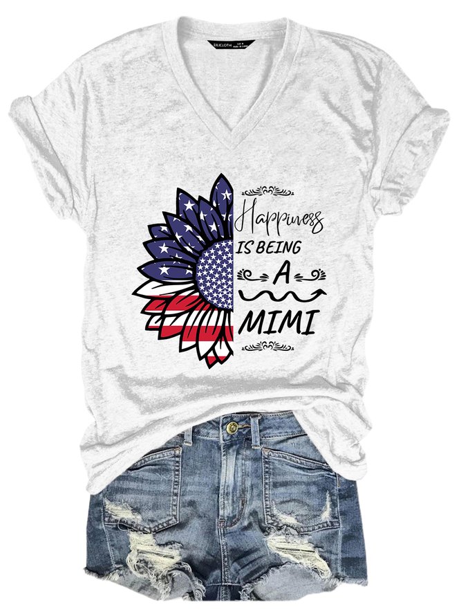 American Flag Sunflower Happiness Is Being A Mimi Casual Letter Cotton Blends T-Shirt