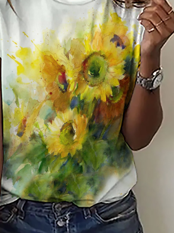 Casual Simple Sunflower Print Crew Neck T-Shirt