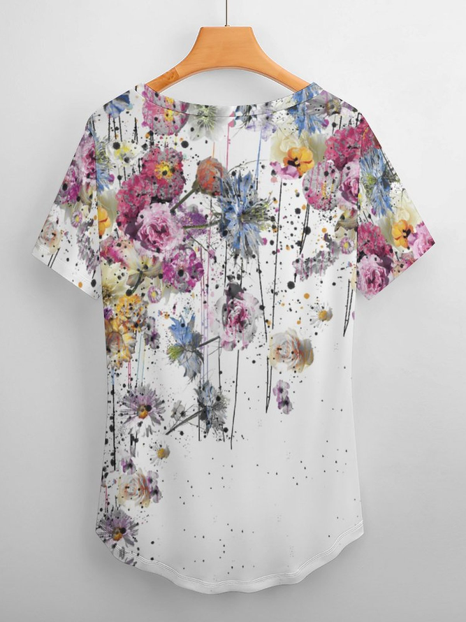 Casual Abstract Floral Print V-Neck T-Shirt