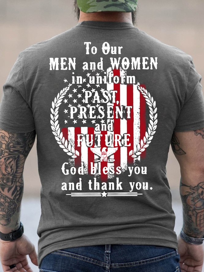 American Flag God Bless You And Thank You Cotton Vintage Crew Neck T-Shirt