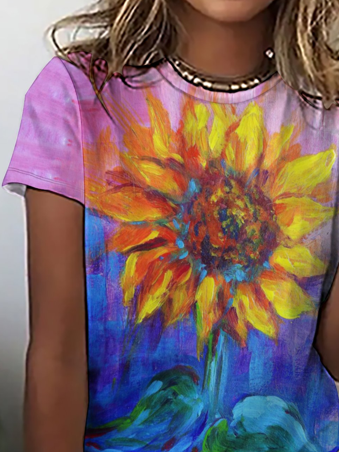 Vintage Casual Sunflower Print Crew Neck T-Shirt