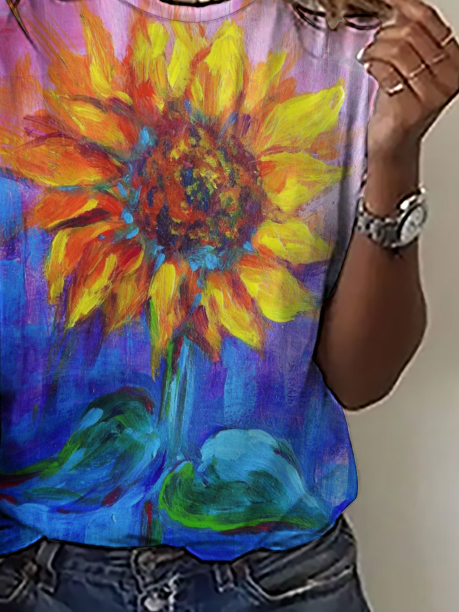 Vintage Casual Sunflower Print Crew Neck T-Shirt