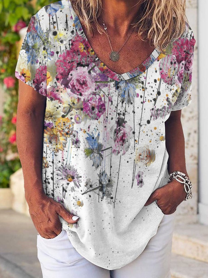 Casual Abstract Floral Print V-Neck T-Shirt