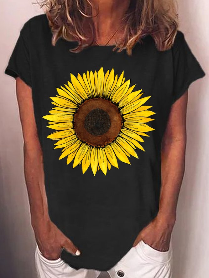 Womens Sunflower Print Classic Casual T-Shirt