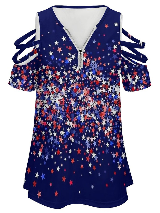 Womens American Stars Blue Red White V Neck Casual Loose Tops