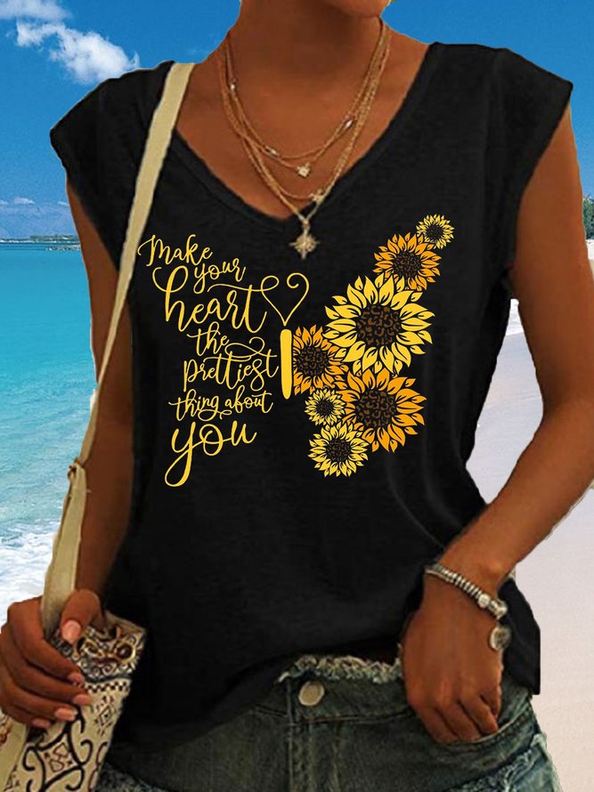 Womens Make You Heart The Prettiest Thing About You Flower Print Tank Top