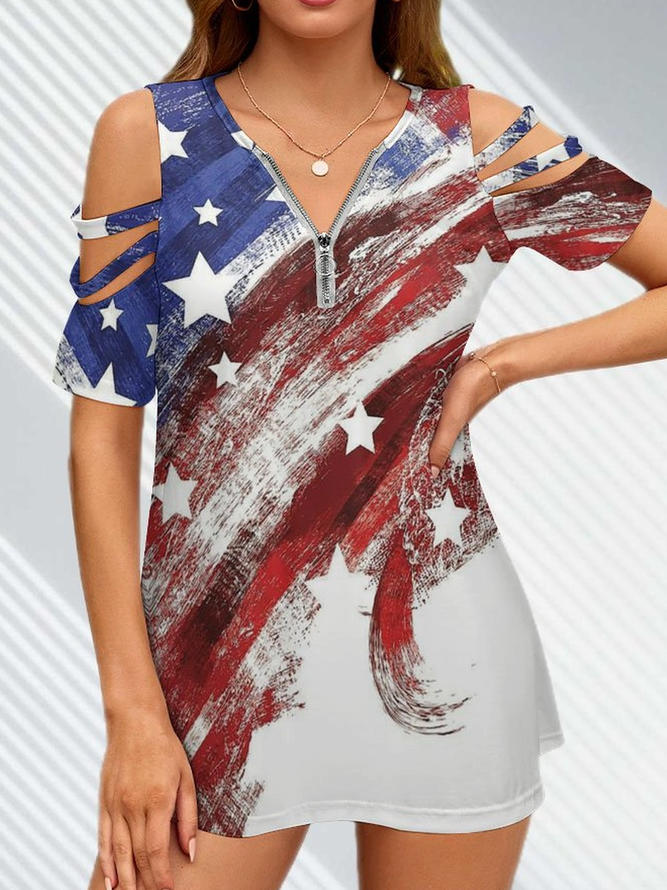 Women American Flag Loose V Neck Tops