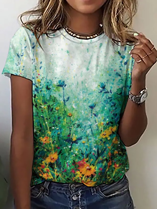 Women's Casual Abstract Floral Print Crew Neck T-Shirt