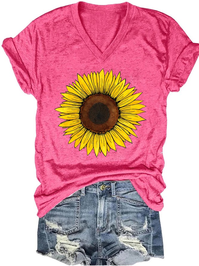 Womens sunflowers print V Neck Letter T-Shirt