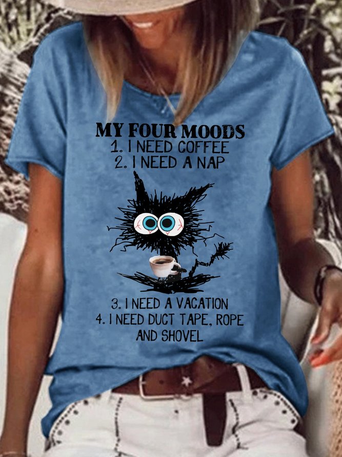 Womens Funny Four Moods Black Cat Crew Neck Casual T-Shirt