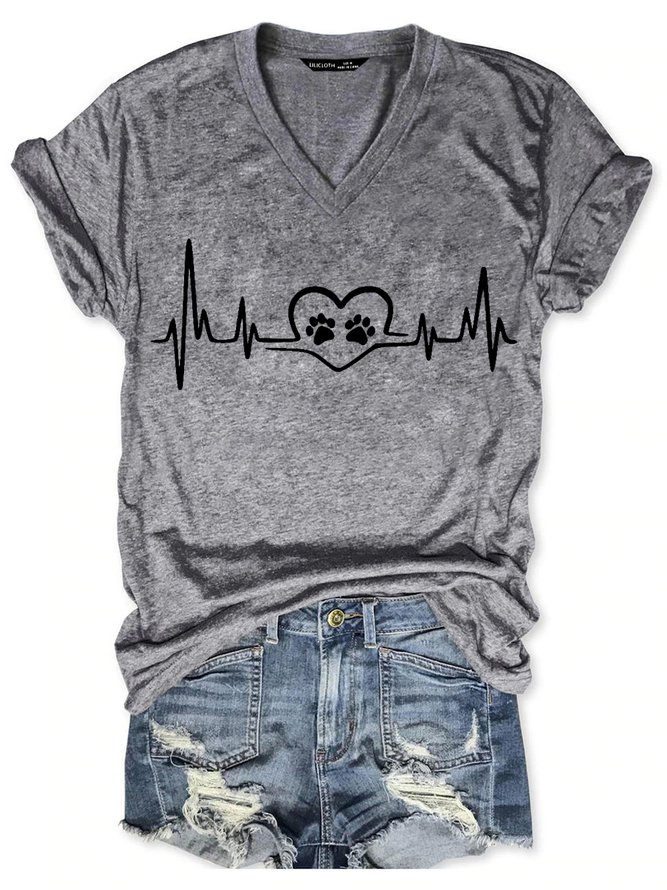 Women Funny Dog Love Heartbeat Loose V Neck T-Shirt
