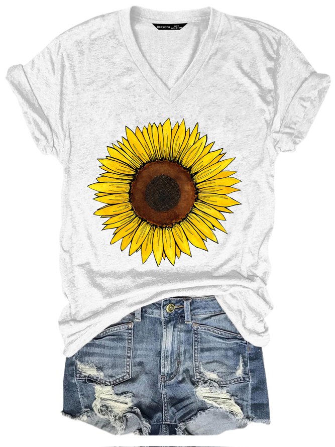 Womens sunflowers print V Neck Letter T-Shirt