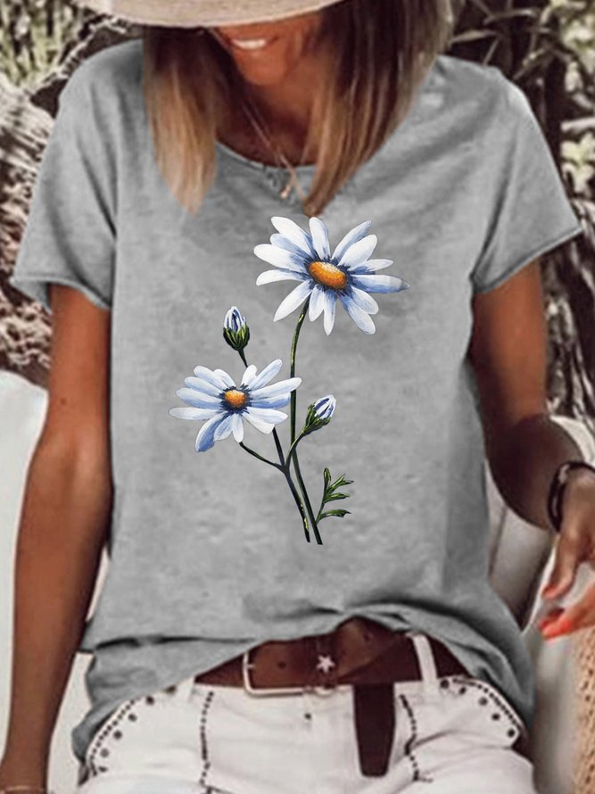 Womens Flower Print Casual T-Shirt