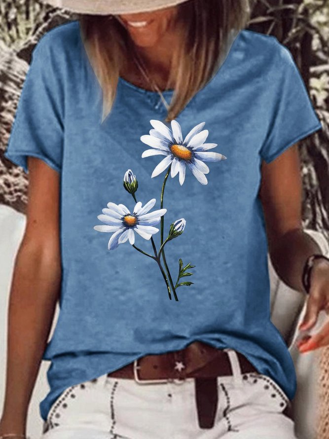 Womens Flower Print Casual T-Shirt