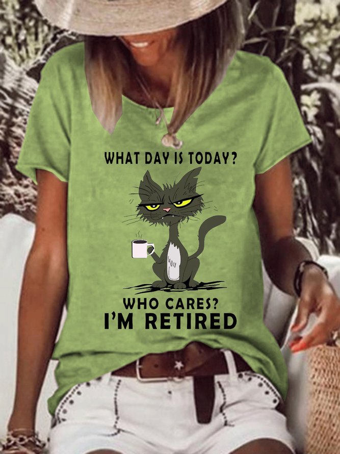 Women Funny What Day Is Today Who Cares Im Retired Black Cat  Casual Loose T-Shirt