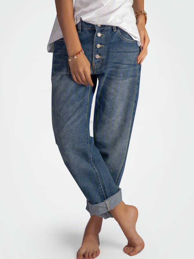 Women's Blue Casual Buttoned Basic Jeans