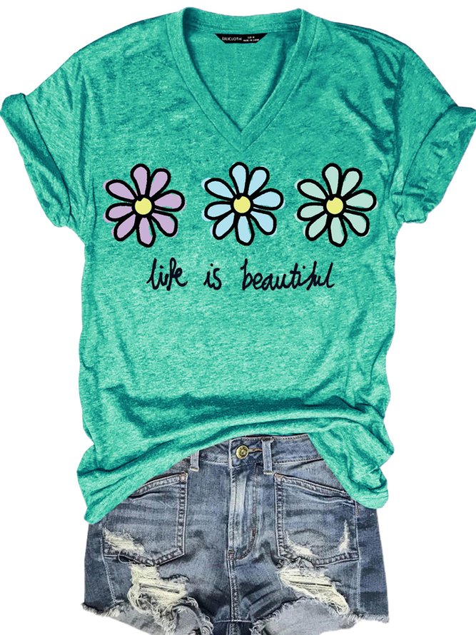 Womens Life Is Beautiful Cute Flower Print Casual T-Shirt