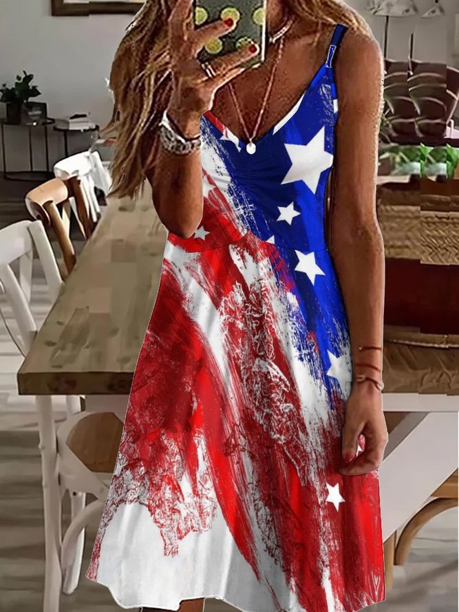 Womens V Neck America Flag Dresses