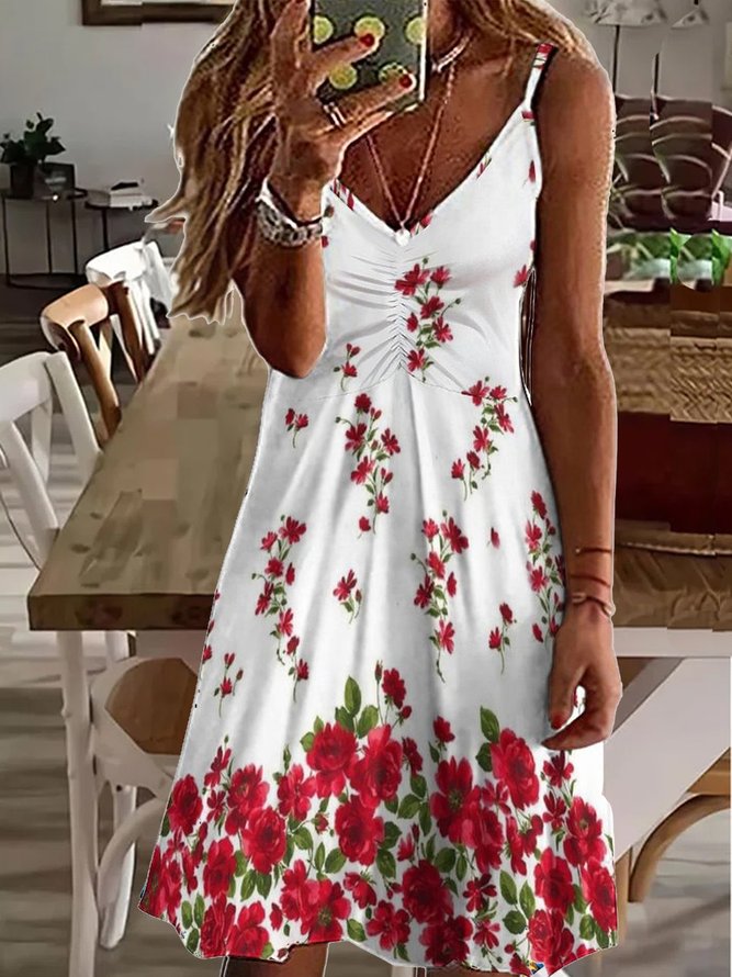 Womens Casual Floral V Neck Dress