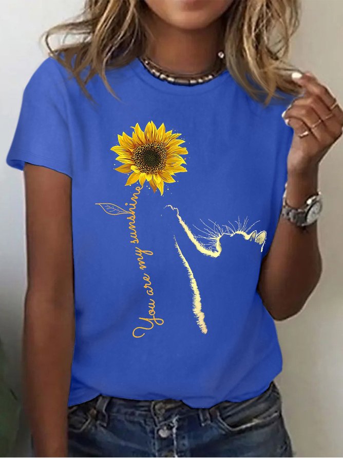 Women Sunflower and Cat You Are My Sunshine Cotton Simple Crew Neck T-Shirt