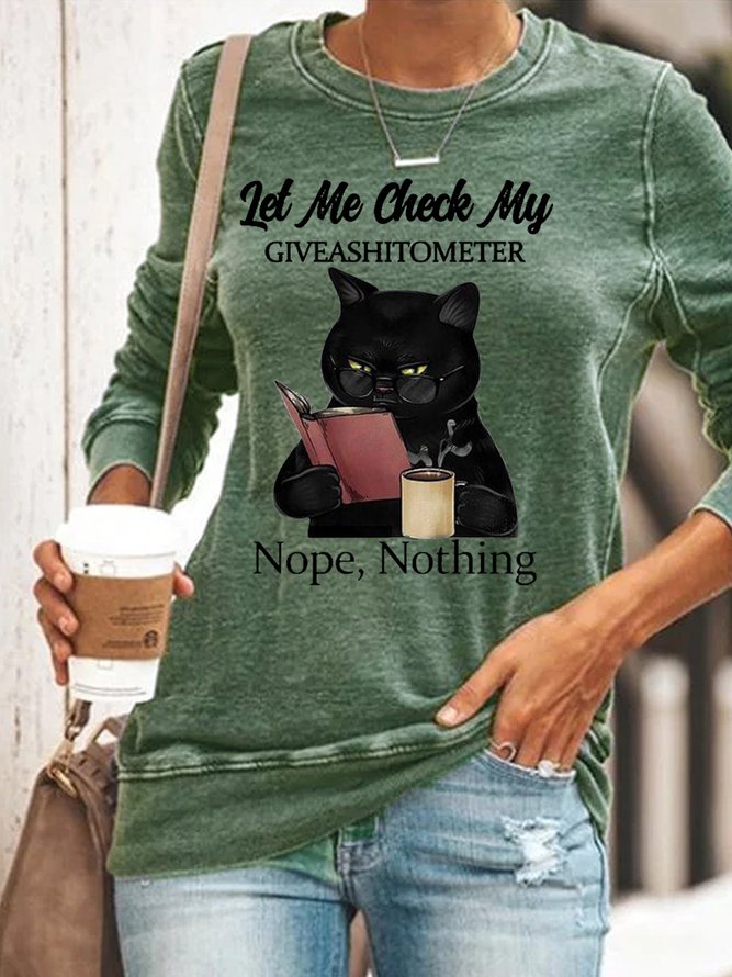 Womens Funny Letter Black Cat Crew Neck Sweatshirt