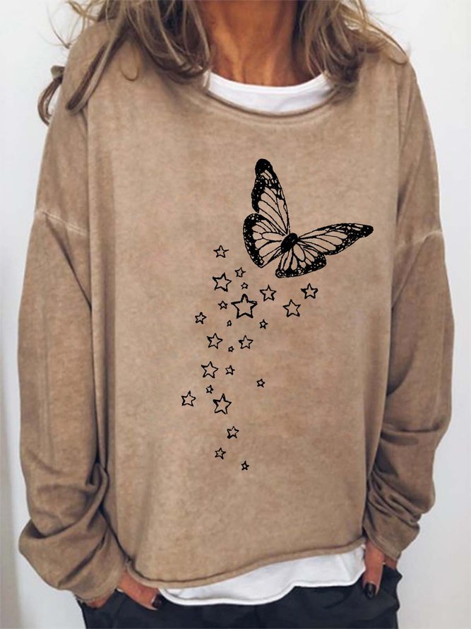 Women Butterfly Star Printing Loose Animal Sweatshirt
