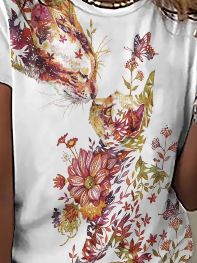Women Floral Cat Printing Casual Floral T-Shirt