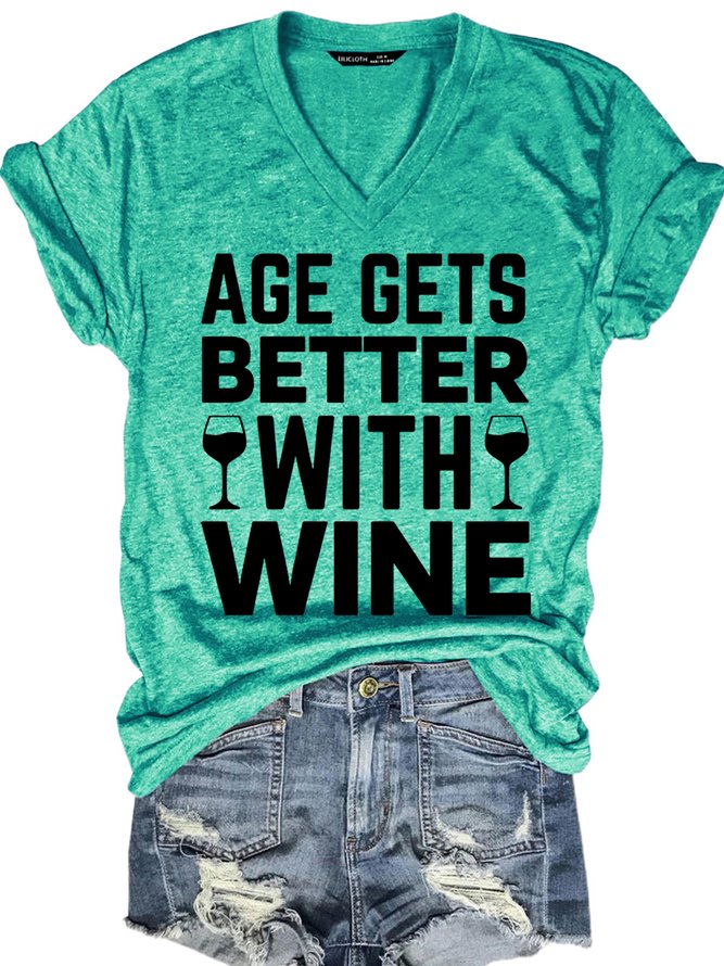 Womens Funny Alcohol Letters Casual V Neck T-Shirt