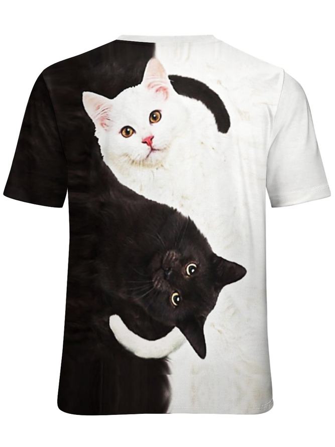 Women Funny Black and White Yin Yang Cat Simple T-Shirt
