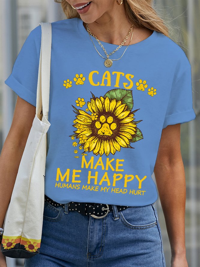 Women Sunflower Paws Cats Make Me Happy Humans Make Me Head Hurt Cotton Loose Simple T-Shirt