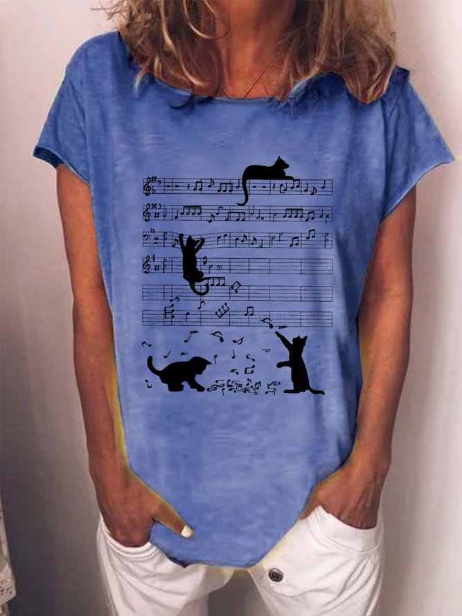 Women Cat Printing Casual Crew Neck T-Shirt