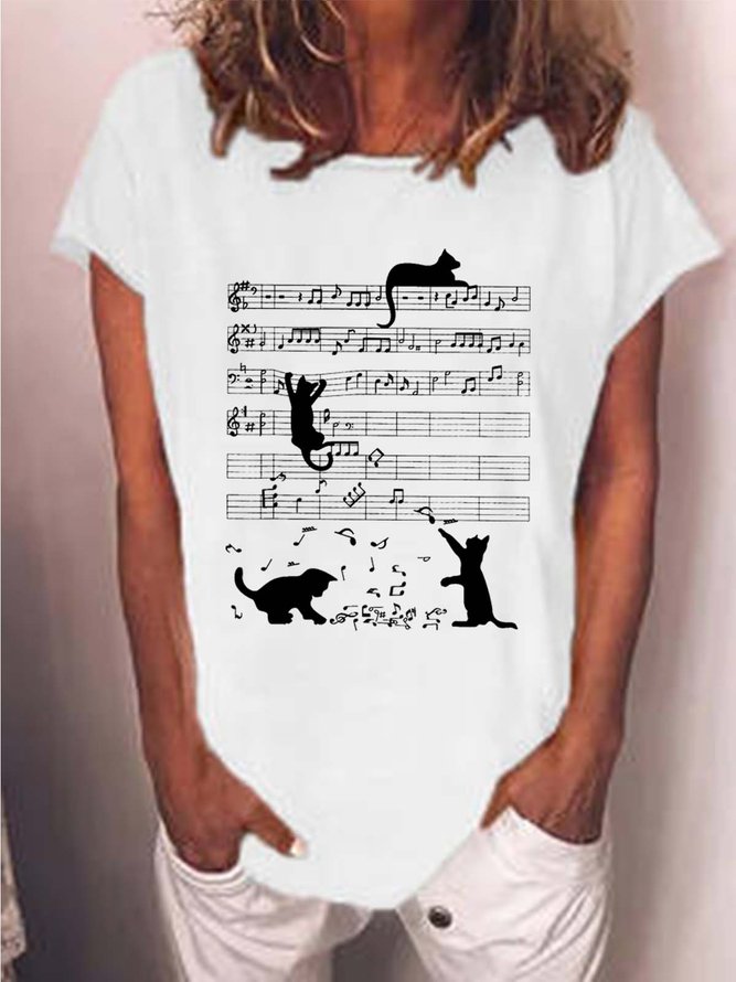 Women Cat Printing Casual Crew Neck T-Shirt