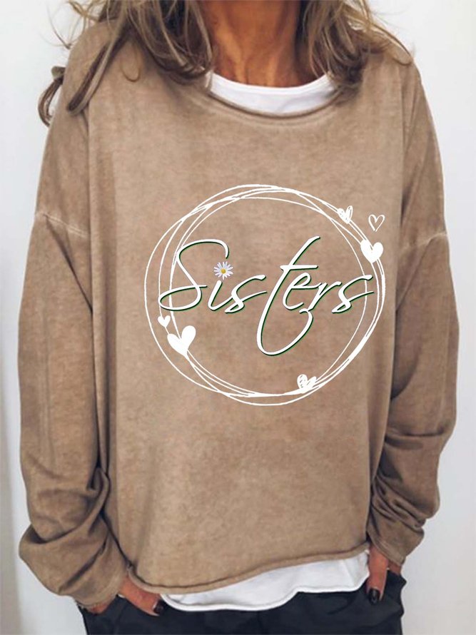 Women Floral Sisters Crew Neck Casual Text Letters Sweatshirts