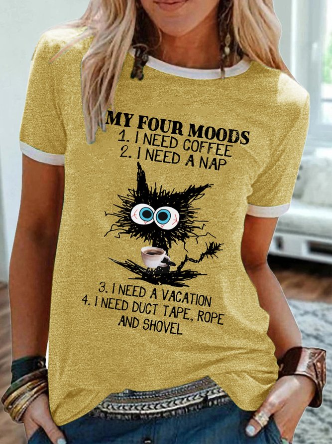 Womens  Funny Four Moods Coffee Crew Neck Text Letters T-Shirt