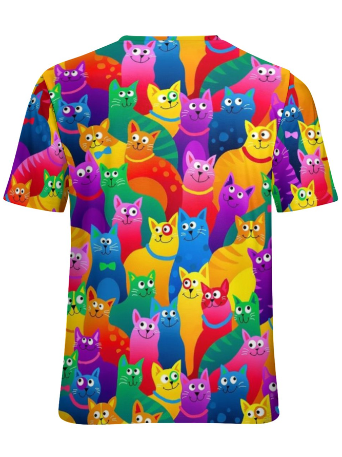 Womens Funny Rainbow Cat Casual Crew Neck T-Shirt