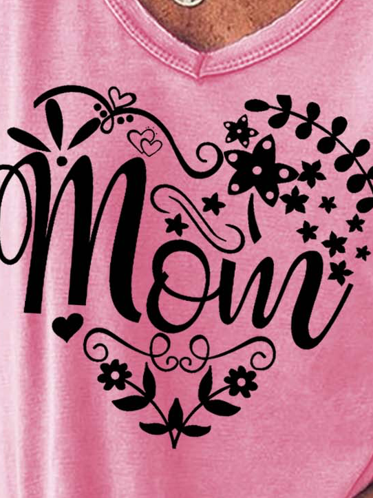 Women Mom Love Letter Casual Regular Fit V Neck T-Shirt