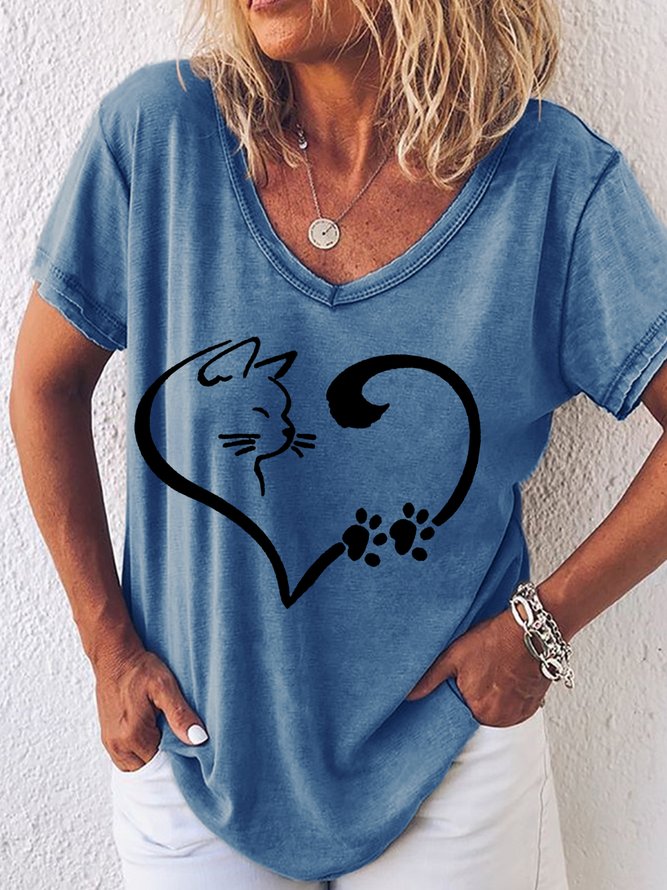 Womens Cute Cat Paw Heart Print Casual T-Shirt