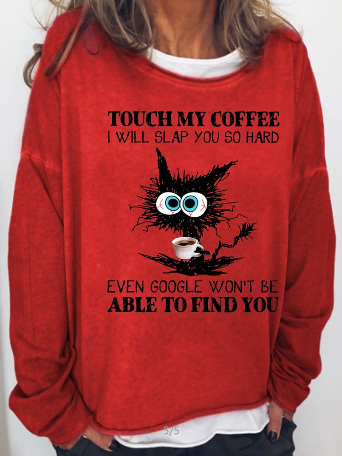 Womens Funny Coffee Letter Black Cat Casual Sweatshirts