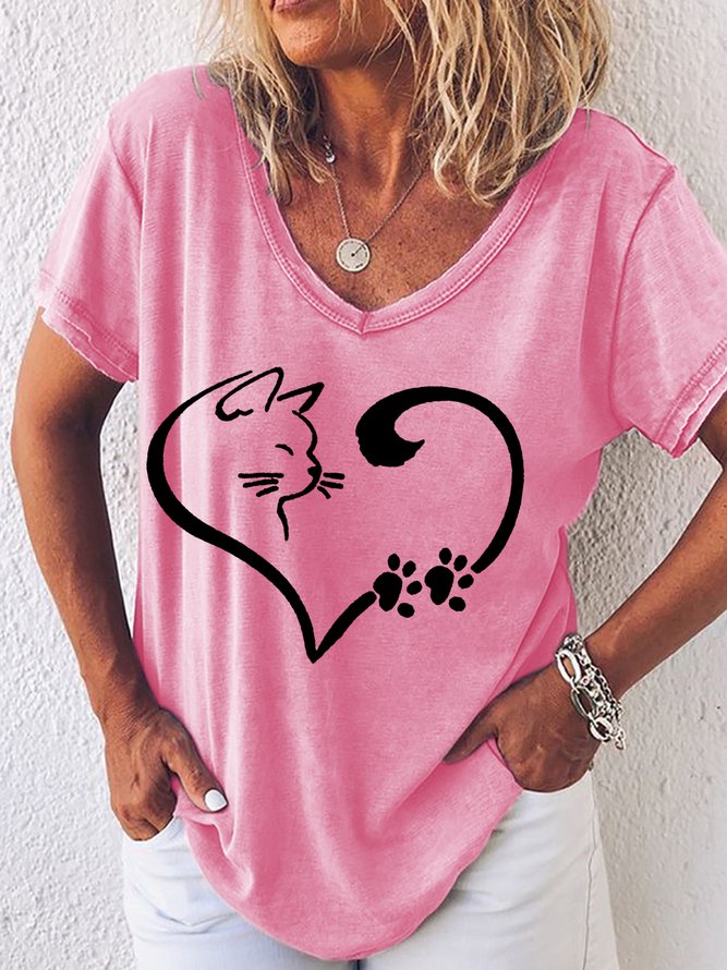 Womens Cute Cat Paw Heart Print Casual T-Shirt