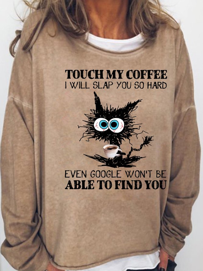 Women's Funny Coffee Letter Black Cat Casual Sweatshirt
