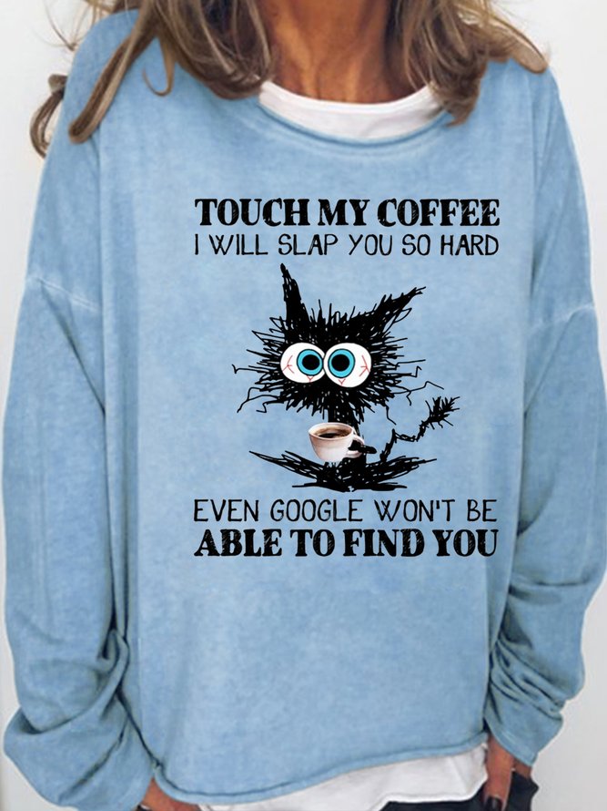 Womens Funny Coffee Letter Black Cat Casual Sweatshirts