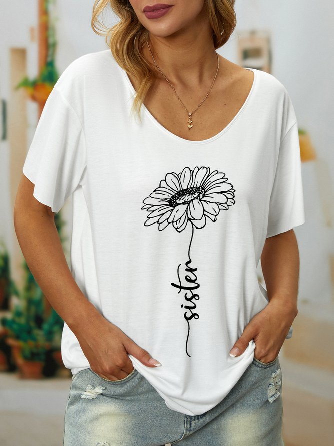 Women Funny Sister cursive type sunflower Cotton-Blend T-Shirt