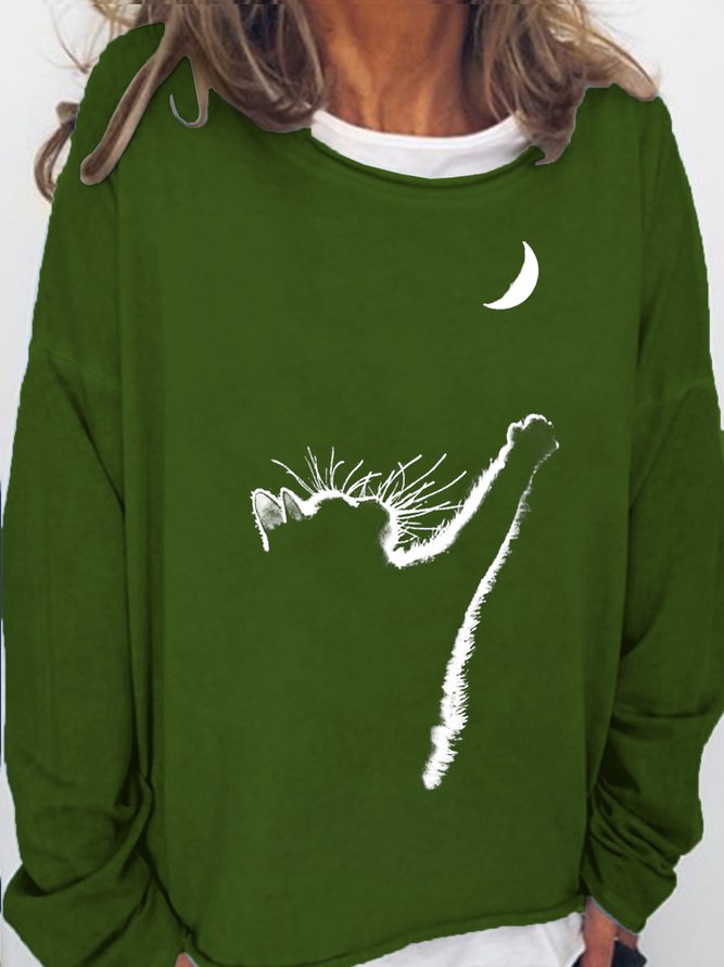 Womens Cat Moon Print Casual Crew Neck Sweatshirts