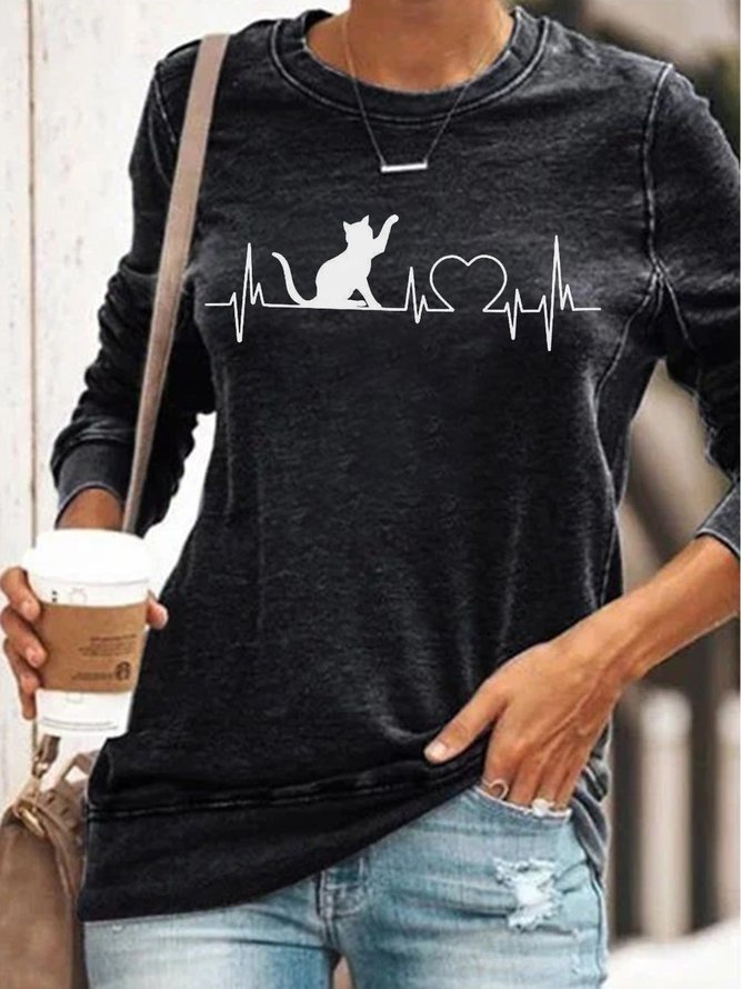 Womens Cute Heartbeat Cat Lover Crew Neck Sweatshirts