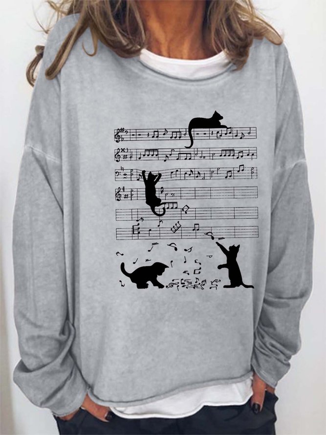 Women Cat Music Printing Loose Casual Sweatshirts