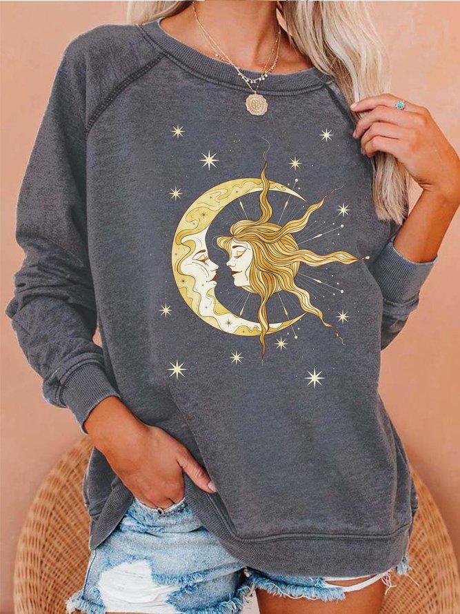 Women Star Moon Printing Casual Sun Crew Neck Sweatshirts