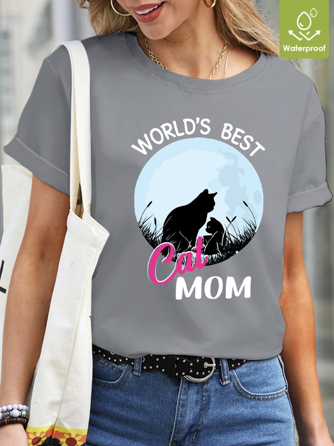Waterproof, Oilproof And Stainproof Fabric Crew Neck Cat Casual T-Shirt
