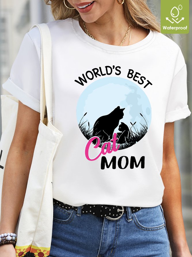 Waterproof, Oilproof And Stainproof Fabric Crew Neck Cat Casual T-Shirt