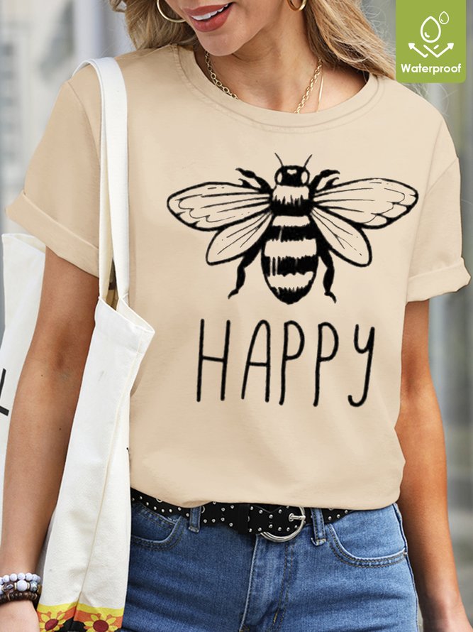 Womens Bee Happy Waterproof Oilproof And Stainproof Fabric T-Shirt