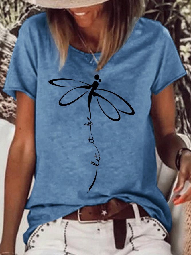 Womens Let It Be Dragonfly Print Casual T-Shirt